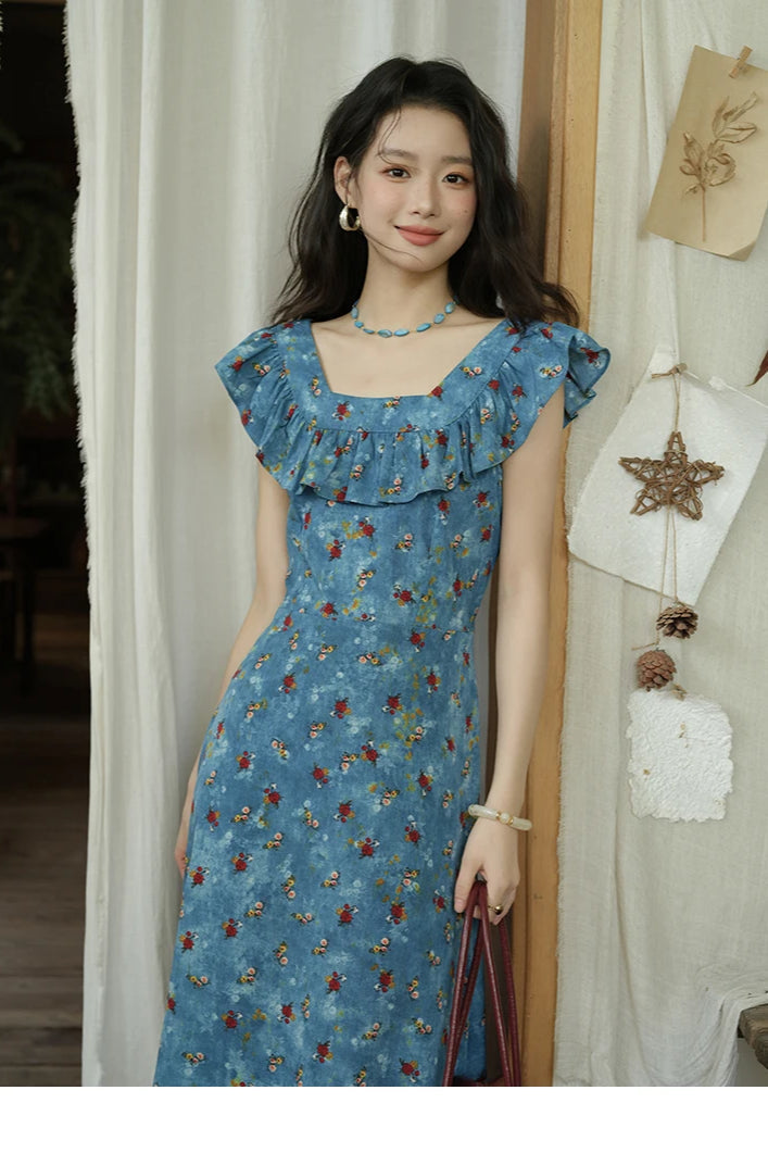 Floral Print Ruffle Trim V-Neck Cap Sleeve Fit and Flare Maxi Summer Dress