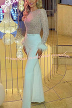 Ready for Vegas Feather Detail Trim Sequin Jumpsuit
