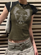 Vintage Wing Print Raglan Short Sleeve Tee