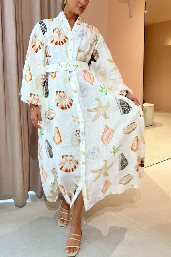 Mandarin Collar Button-Front Puff Sleeve Seashell Starfish Print Belted Maxi Shirt Dress