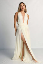 Plunging V-Neck Ruched Wrap Bodice Pleated High Split Chiffon Maxi Gown