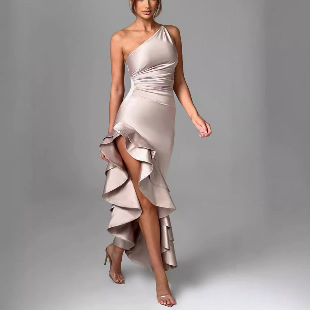 Satin Ruffle One-Shoulder Dress