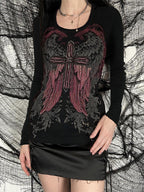 Wing Cross Rhinestone Print Long Sleeve Tee