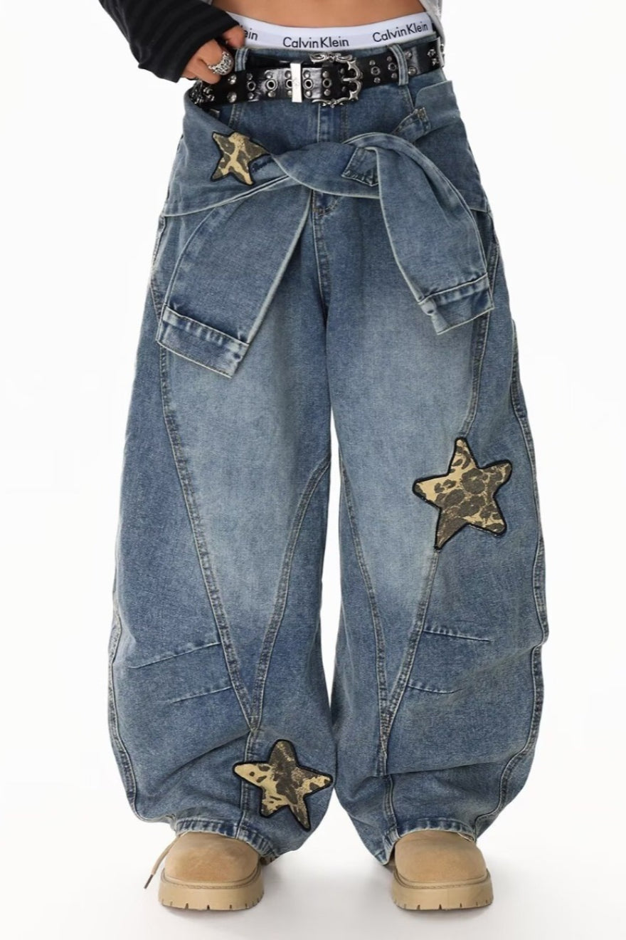Leopard Print Patchwork Tie Loose Wide Leg Retro Jeans