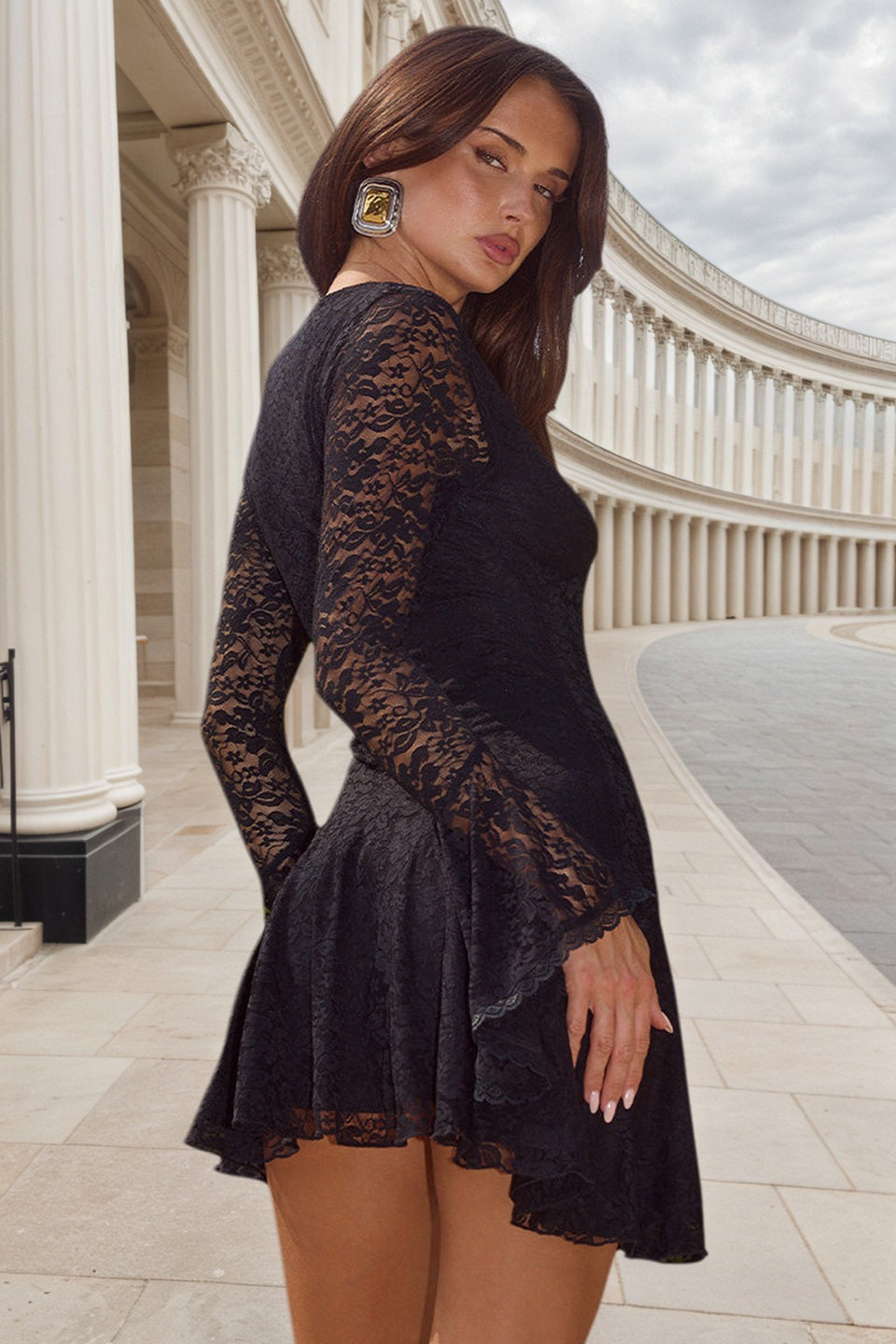 Deep V Neck Bell Cuff Asymmetric Ruffle Hem Lace Mini Dress