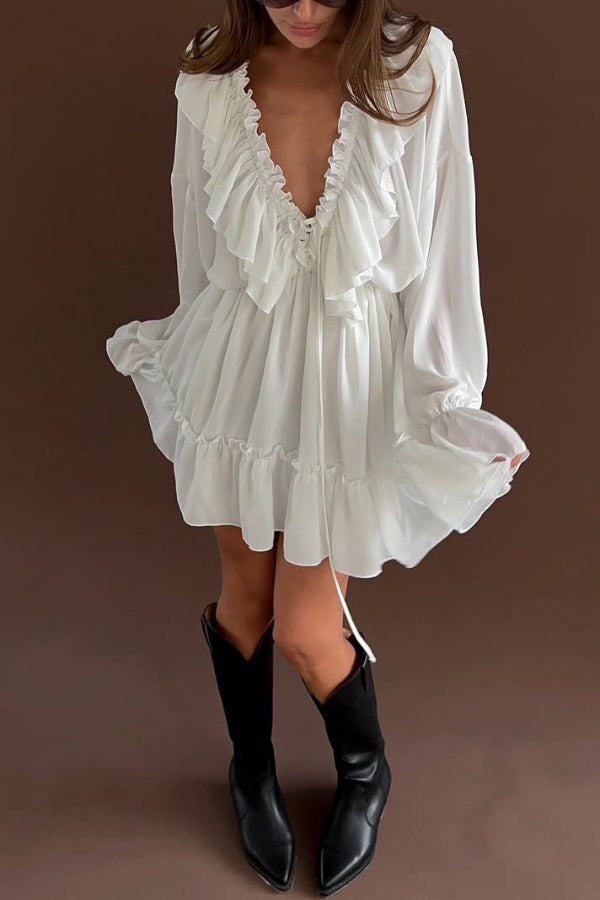 Solid Color V-neck Ruffled Ruched Long-sleeved Vacation Mini Dress