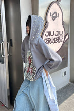 Beaded Graphic Print Edgy Streetwear Hooded Oversized Hoodie
