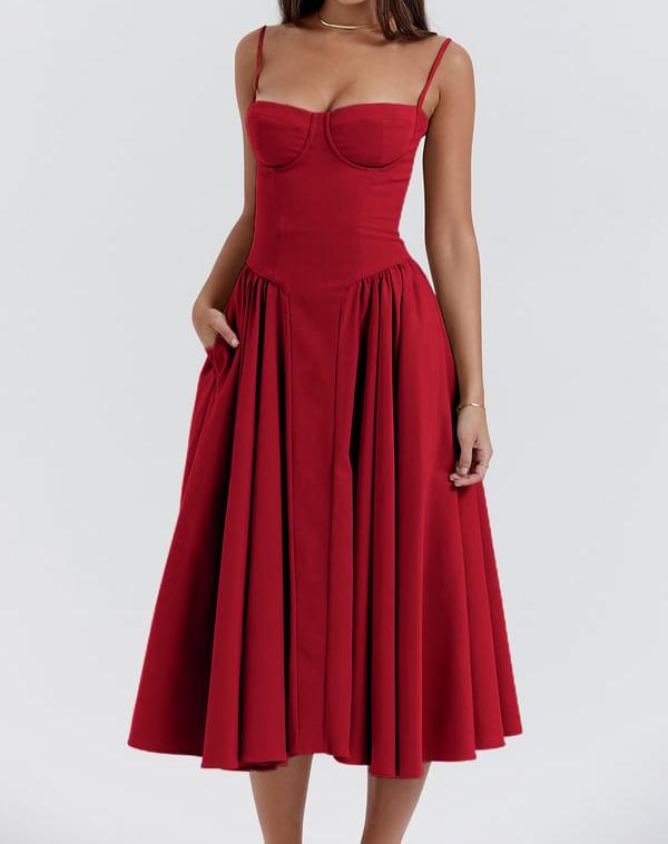 Corset Bodice Basque Waist Pleated A-Line Midi Dress