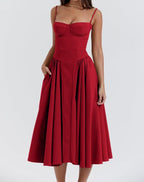 Corset Bodice Basque Waist Pleated A-Line Midi Dress