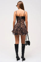 Leopard Lace Trim Balconette Spaghetti Strap Fit and Flare Ruffle Hem Mini Dress