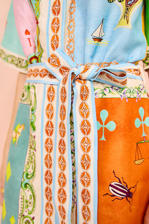 Linen Blend Unique Printed Short Sleeved Pocket Tie Waist Mini Dress(One Size UP)