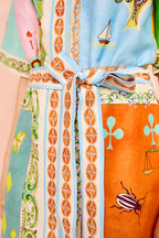 Linen Blend Unique Printed Short Sleeved Pocket Tie Waist Mini Dress(One Size UP)