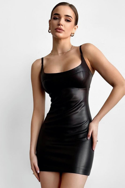 Spaghetti Strap Scoop Neck Faux Leather Bodycon Mini Dress