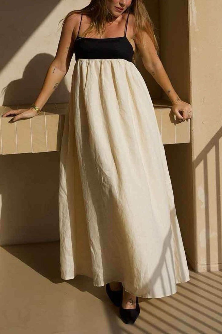 Beige Spaghetti Strap Square Neck Empire Waist Gathered Patchwork Maxi Dress