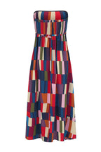 Retro Chic Linen Blend Colorful Color Block Strapless Back Smocked Midi Dress