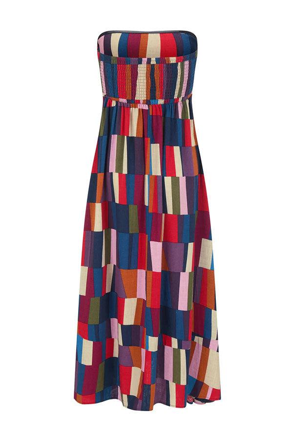 Retro Chic Linen Blend Colorful Color Block Strapless Back Smocked Midi Dress