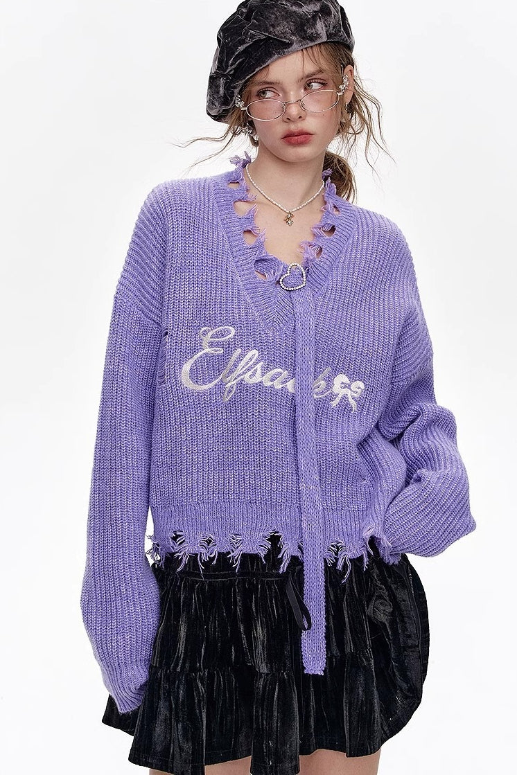 Red Embroidered Raw Edge Wool Blend Sweater