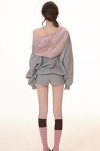 Cute Plaid PatchworkOff-the-shoulder Oversized Two Piece Set