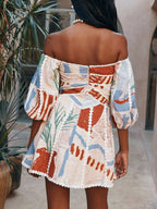 Off Shoulder Puff Sleeve Coastal Scenic Print Lace Trim Mini Dress