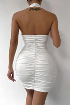 Halter Neck Deep V-Neck All Over Ruched Bodycon Mini Dress