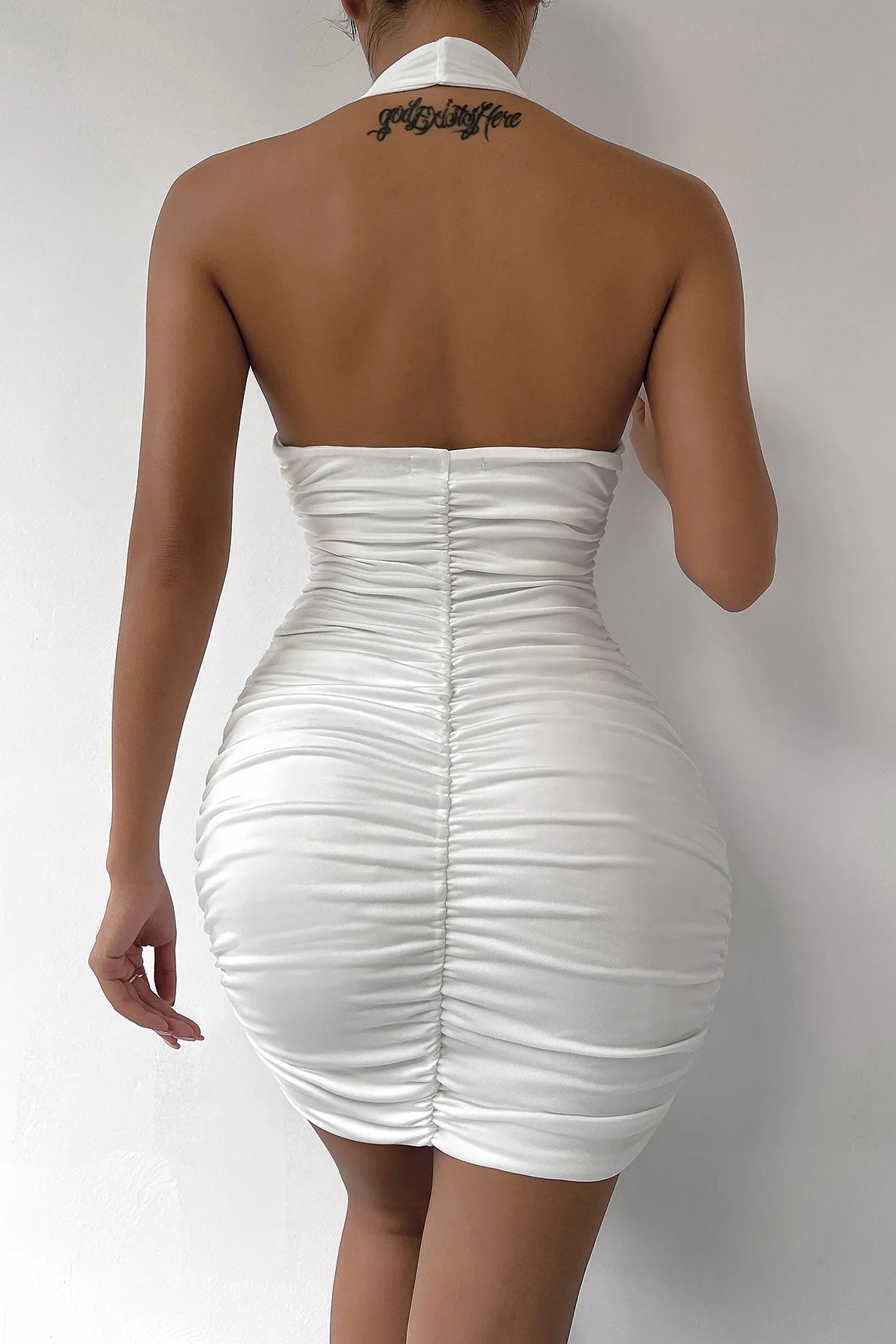 Halter Neck Deep V-Neck All Over Ruched Bodycon Mini Dress