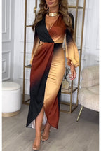 Wrap Front Deep V-Neck Puff Sleeve Draped Gradient Print High Low Slit Maxi Dress