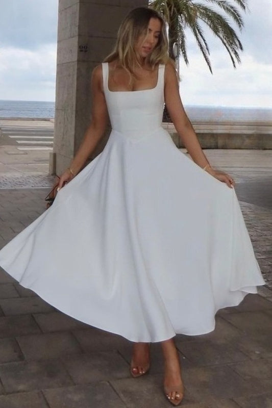 Square Neck Sleeveless Basque Waist A Line Midi Dress