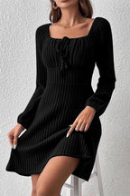 Blue Zone Planet | Ribbed Tied Square Neck Long Sleeve Mini Dress