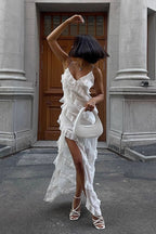 Deep V-Neck Spaghetti Strap Asymmetrical Ruffle Tier High Split Maxi Dress