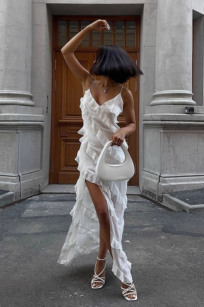 Deep V-Neck Spaghetti Strap Asymmetrical Ruffle Tier High Split Maxi Dress