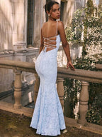 Floral Jacquard Spaghetti Strap Square Neck Mermaid Maxi Gown