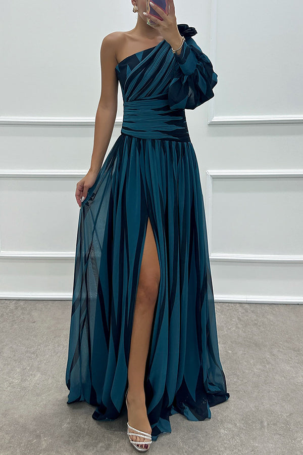 Geometric Stripe Print One Shoulder Lantern Sleeve Pleated High Split Maxi Gown