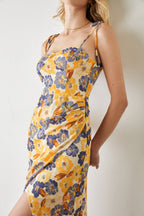 Tie Shoulder Floral Bustier Sweetheart Side Slit Midi Dress