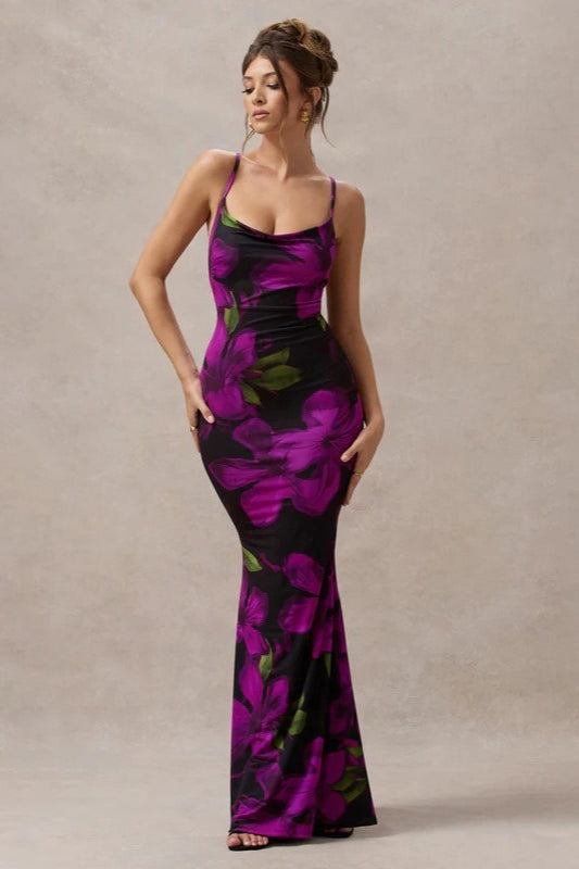 Floral Print Cowl Neck Spaghetti Strap Bodycon Maxi Mini Dress