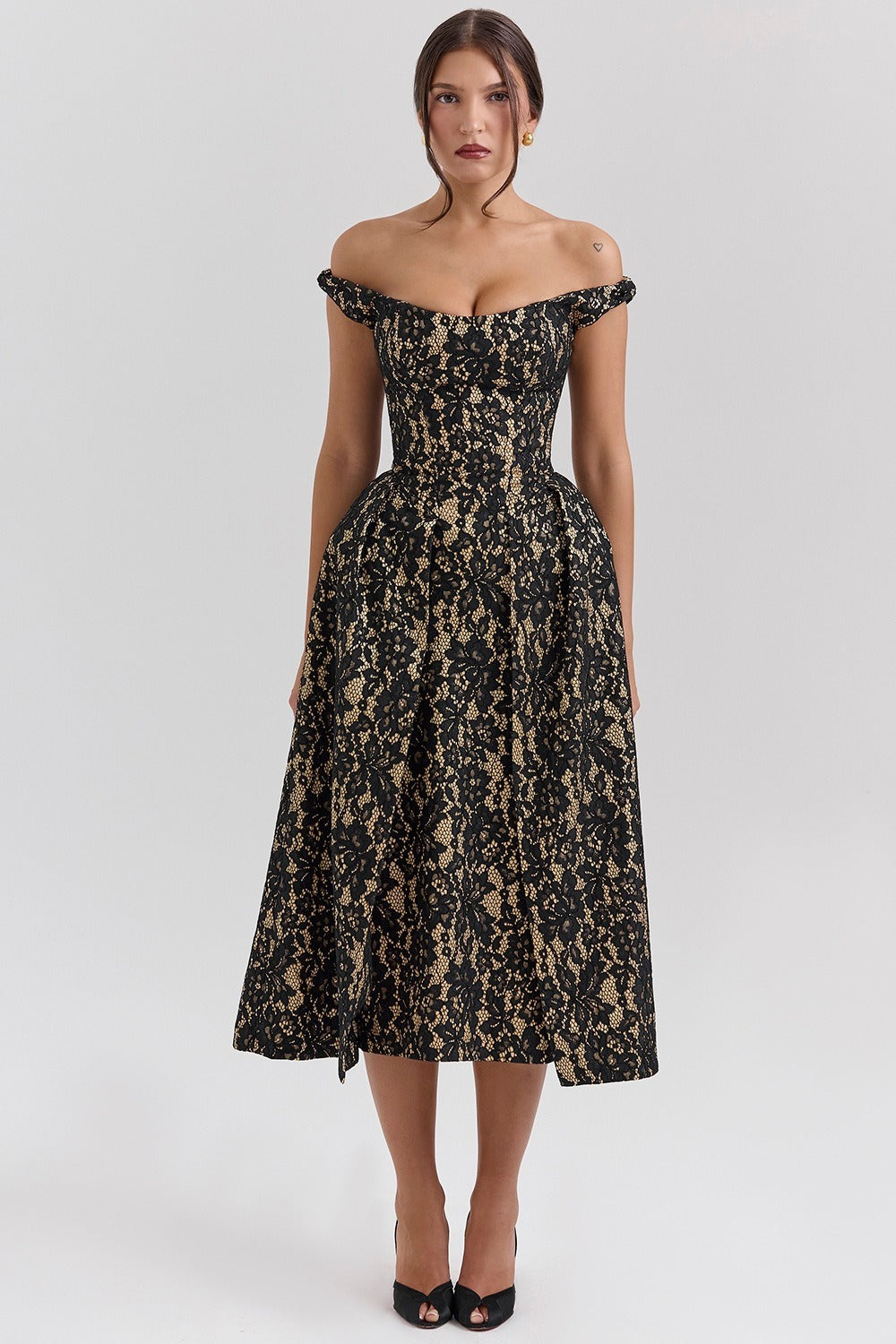 Off Shoulder Floral Lace Overlap Panel Fit and Flare Midi Dress
