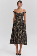 Off Shoulder Floral Lace Overlap Panel Fit and Flare Midi Dress