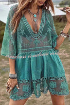 Lace V Neck Hollow Short Sleeved Cover Up