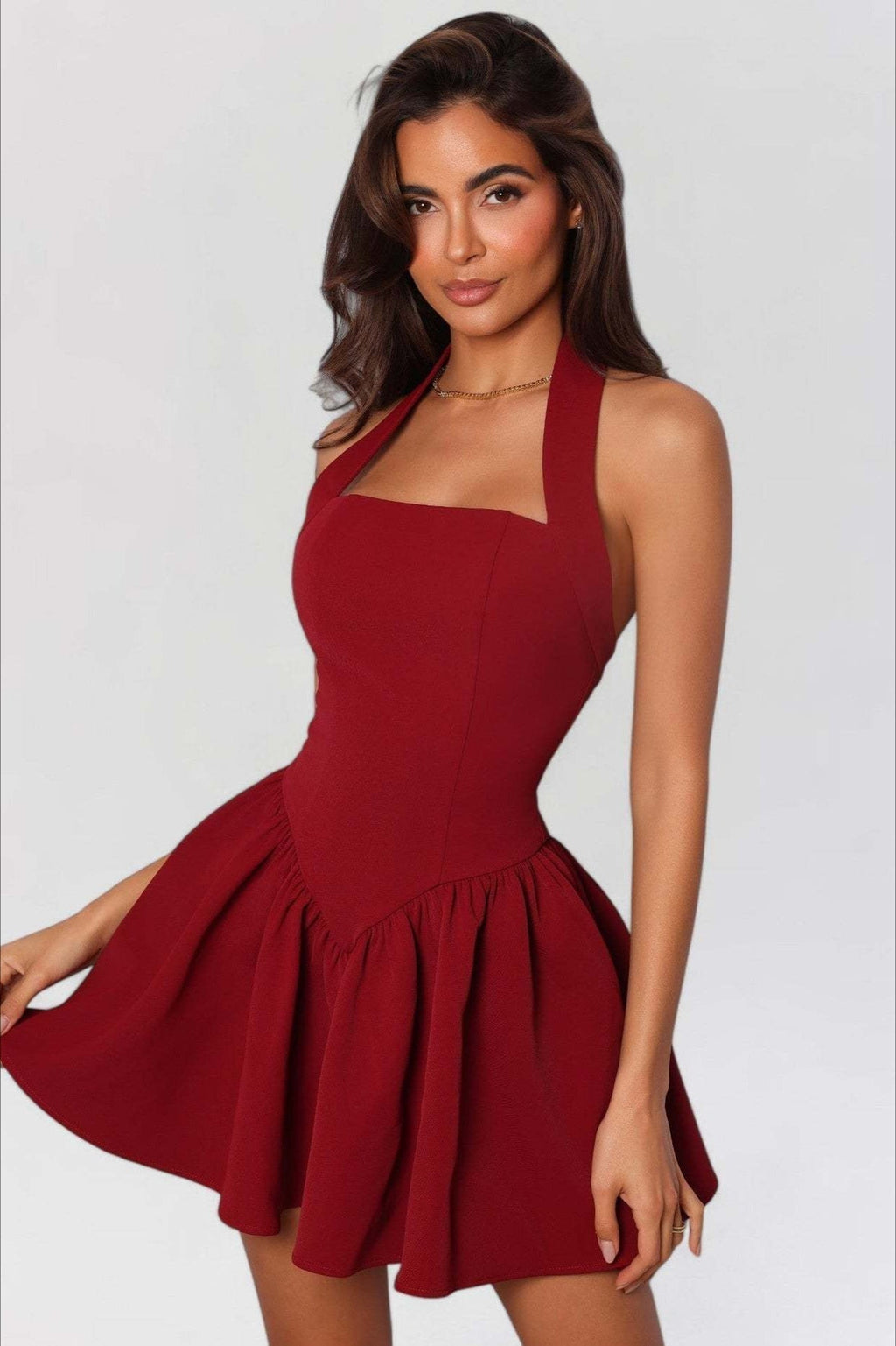 Halter Neck Square Neckline Fit and Flare Structured Mini Dress
