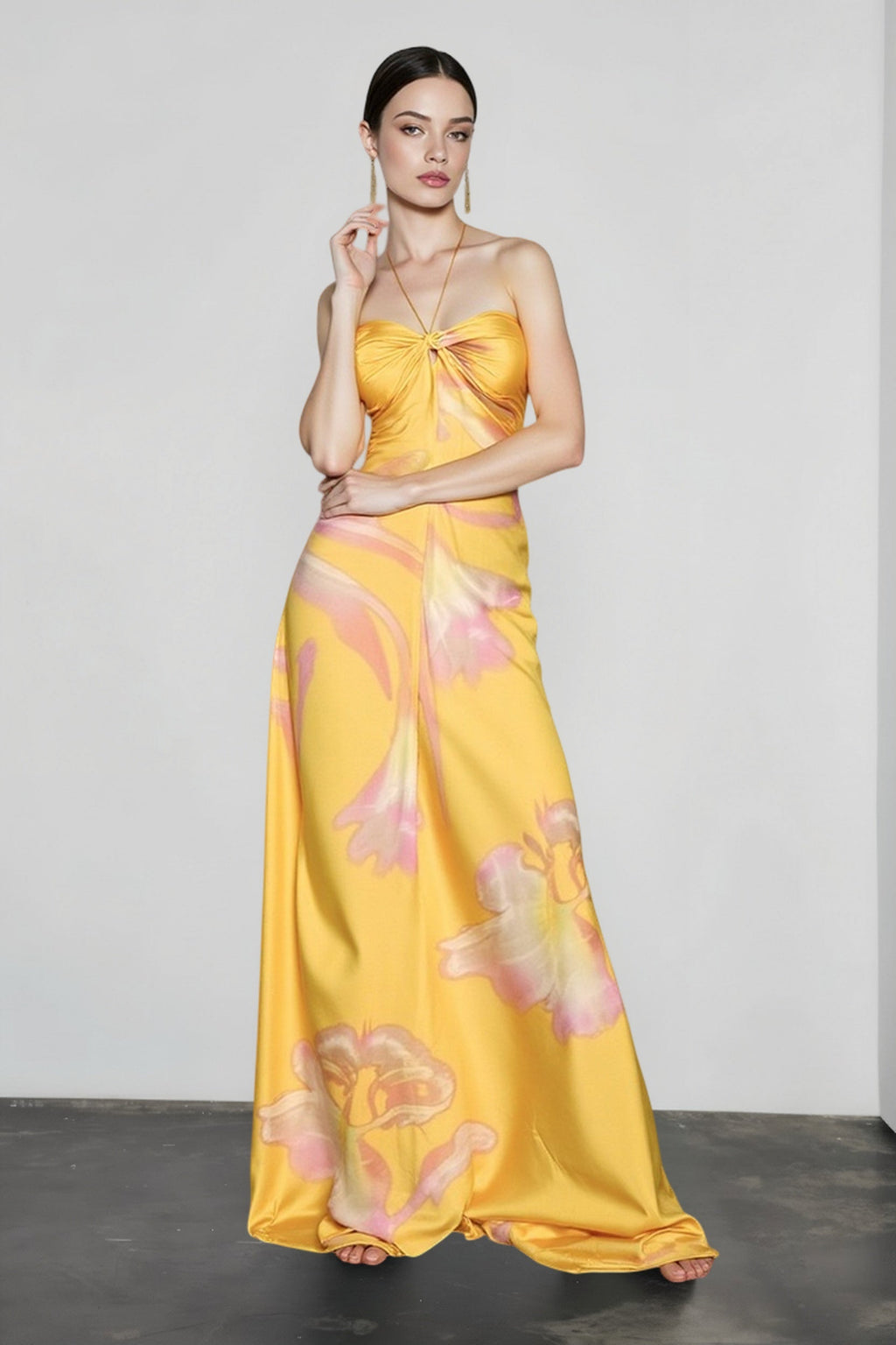 Floral Print Halter Tie Twist Front Keyhole Satin Maxi Dress