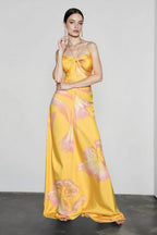 Floral Print Halter Tie Twist Front Keyhole Satin Maxi Dress