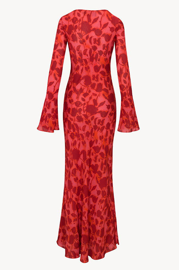 Floral Print Scoop Neck Bell Sleeve Bias Cut Maxi Dress