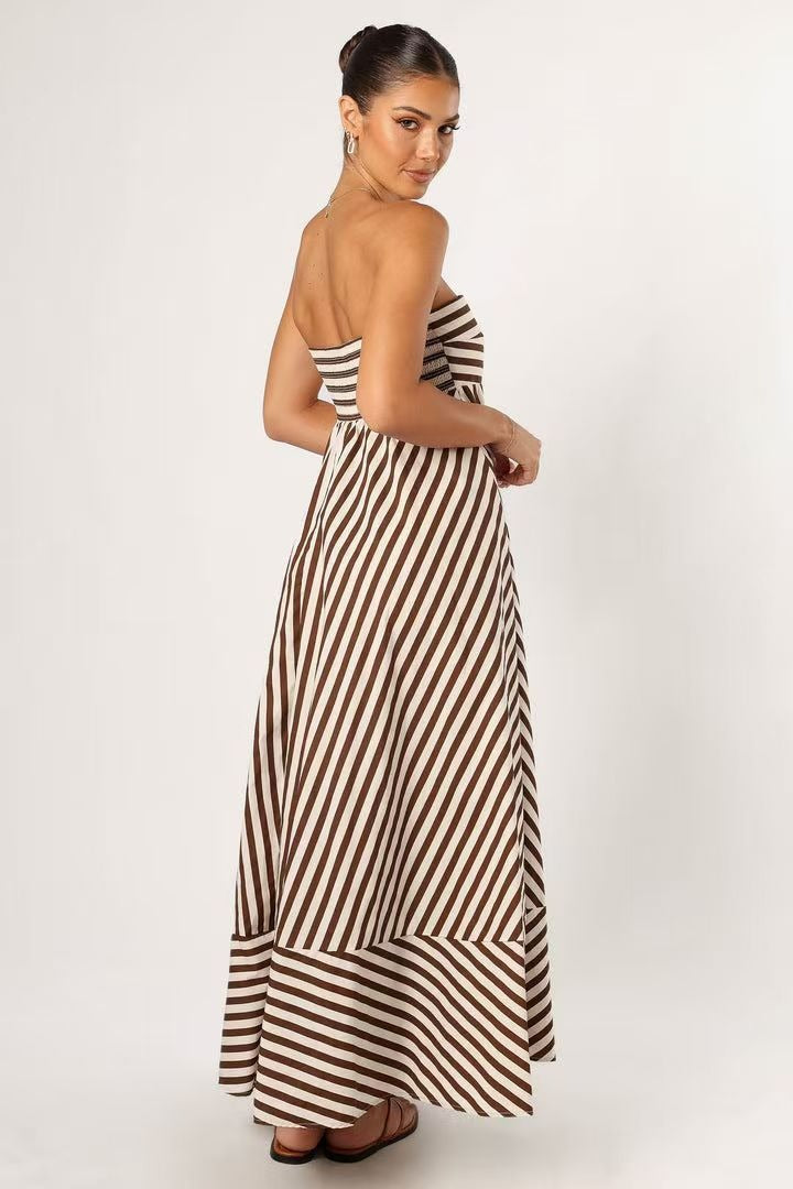 Brown Strapless Horizontal Diagonal Stripe Mitered A Line Maxi Dress