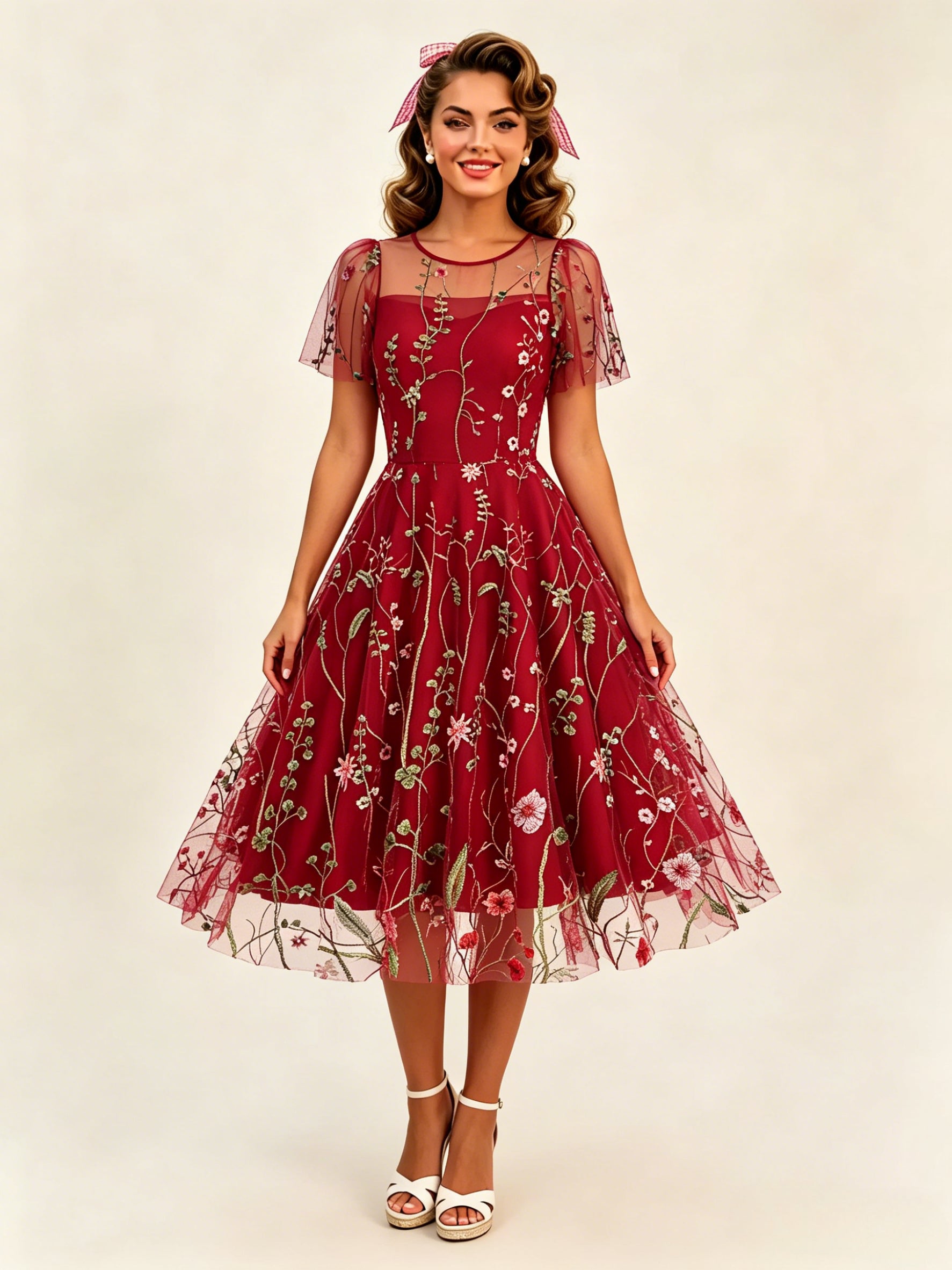 Vintage 1950s Floral Midi Dress For Women - Embroidery Mesh Short Flutter Sleeve A-Line Prom Dress - Summer Wedding Guest 2026