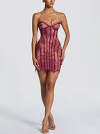 Party Dress Mini Burgundy Strapless Lace Up Sleeveless Backless Sexy Semi Formal Dress