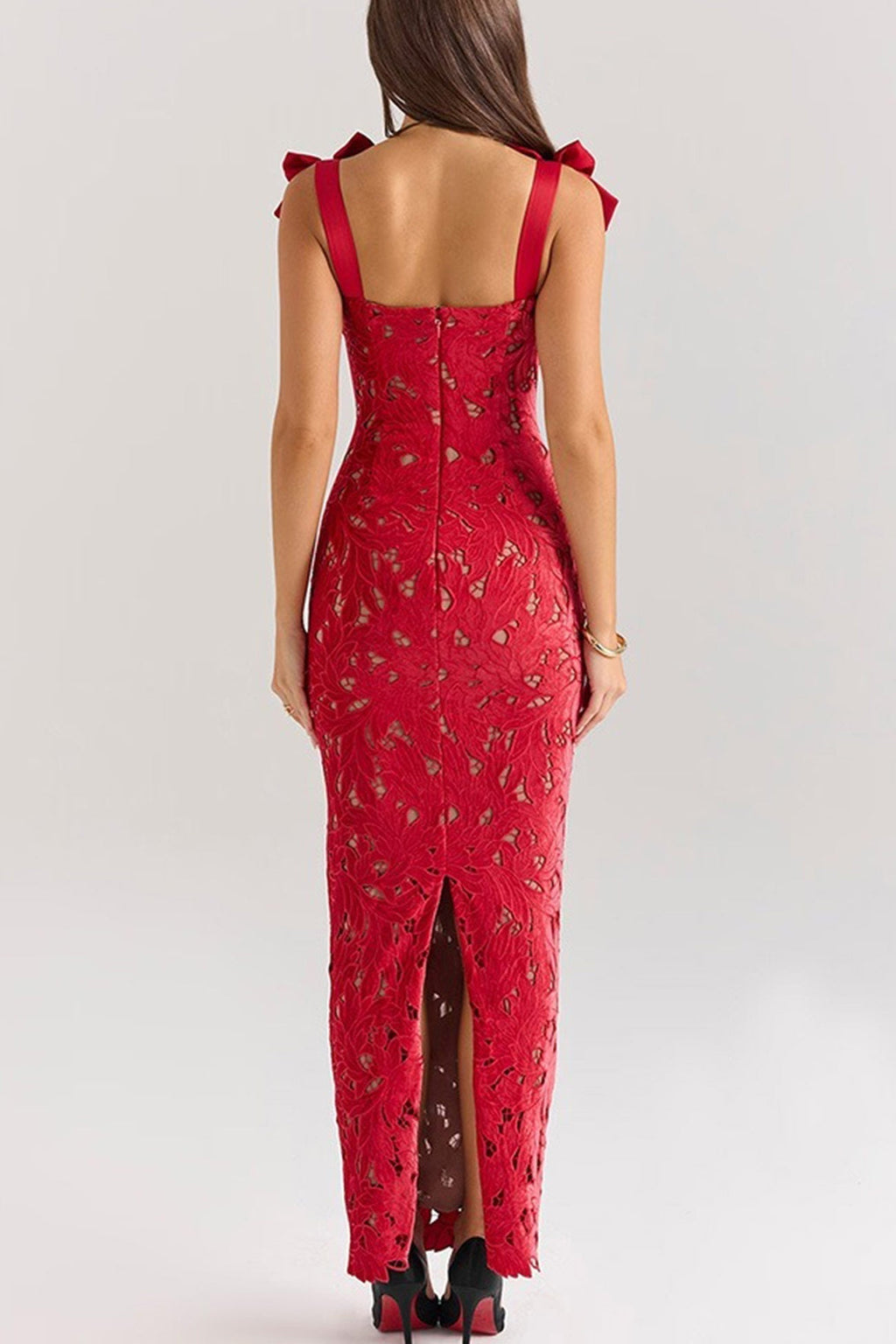 Lace Bow Shoulder Strap Sweetheart Neck Scalloped Bodycon Maxi Dress
