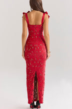 Lace Bow Shoulder Strap Sweetheart Neck Scalloped Bodycon Maxi Dress