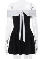 Off-shoulder Bow Waist Tie Short Sleeves Mini&Short Dresses