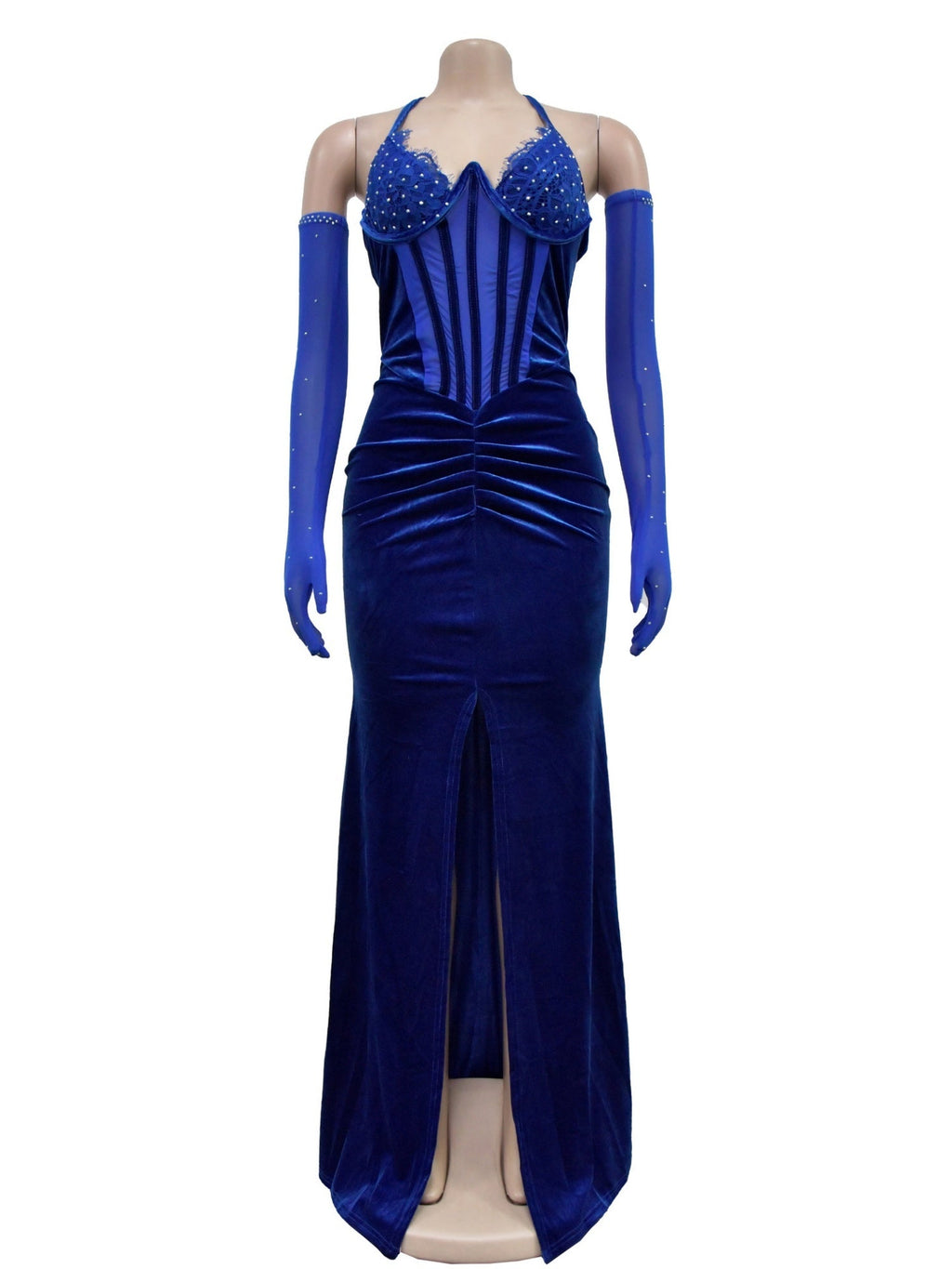 Lace And Velvet Patchwork Rhinestone-studded Evening Gown Mesh See-through Halter Neck Slit Maxi Dresses