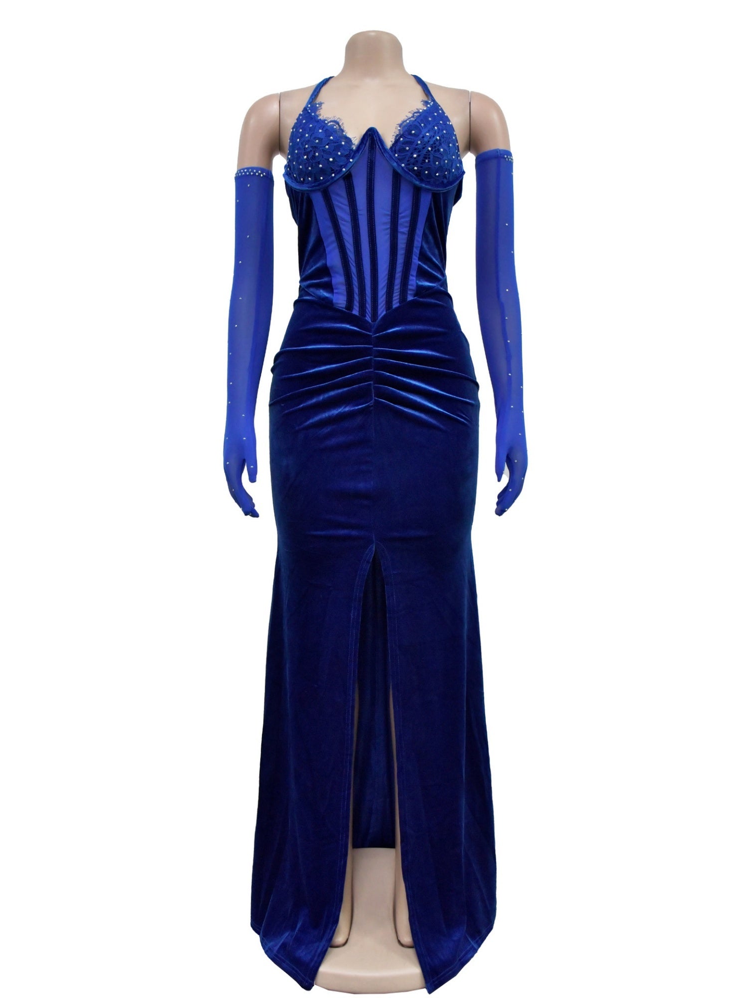 Lace And Velvet Patchwork Rhinestone-studded Evening Gown Mesh See-through Halter Neck Slit Maxi Dresses