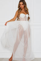 Strapless Corset Mesh Overlay Thigh Slit Maxi Dress